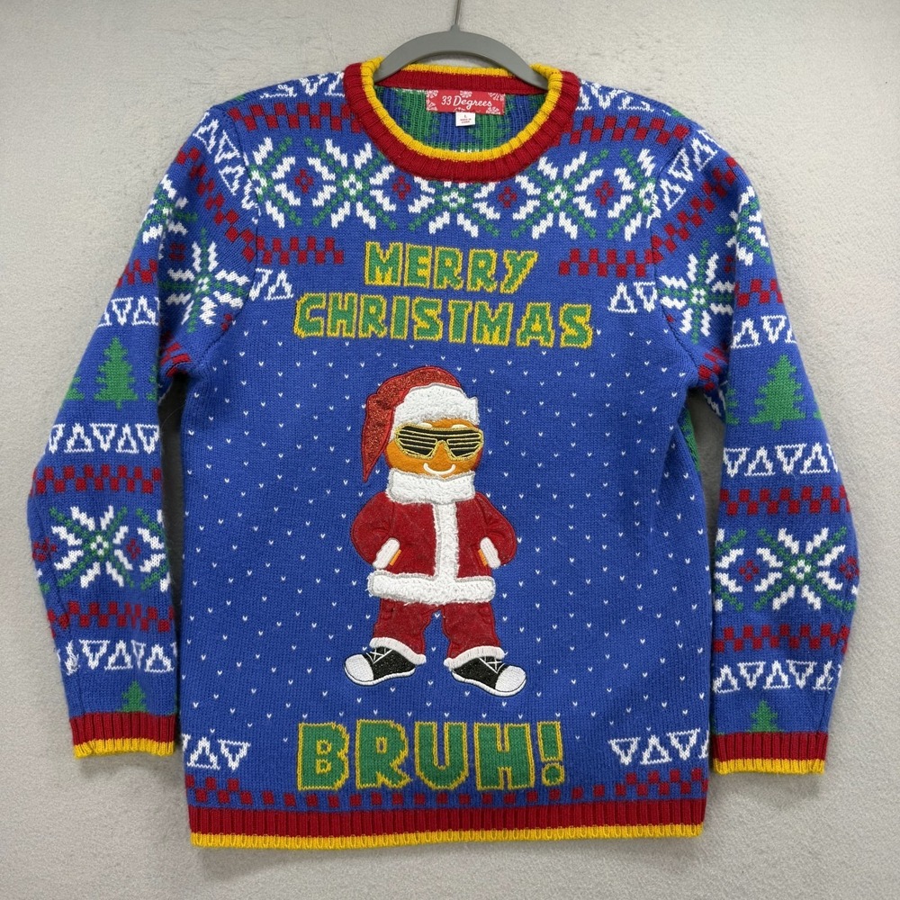 33 Degrees Ugly Christmas Sweater Boys Large 14/16 Gingerbread Santa Bruh Blue